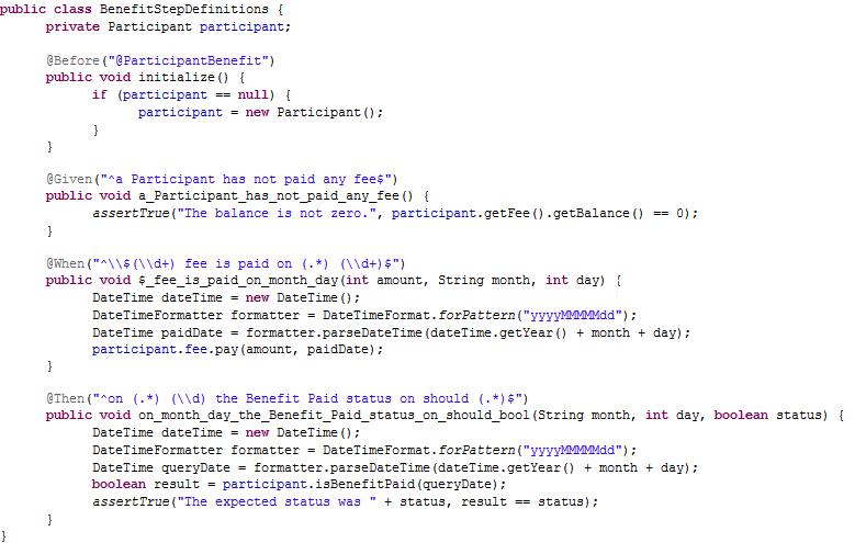 A screenshot of code showing example implementation of cucumber